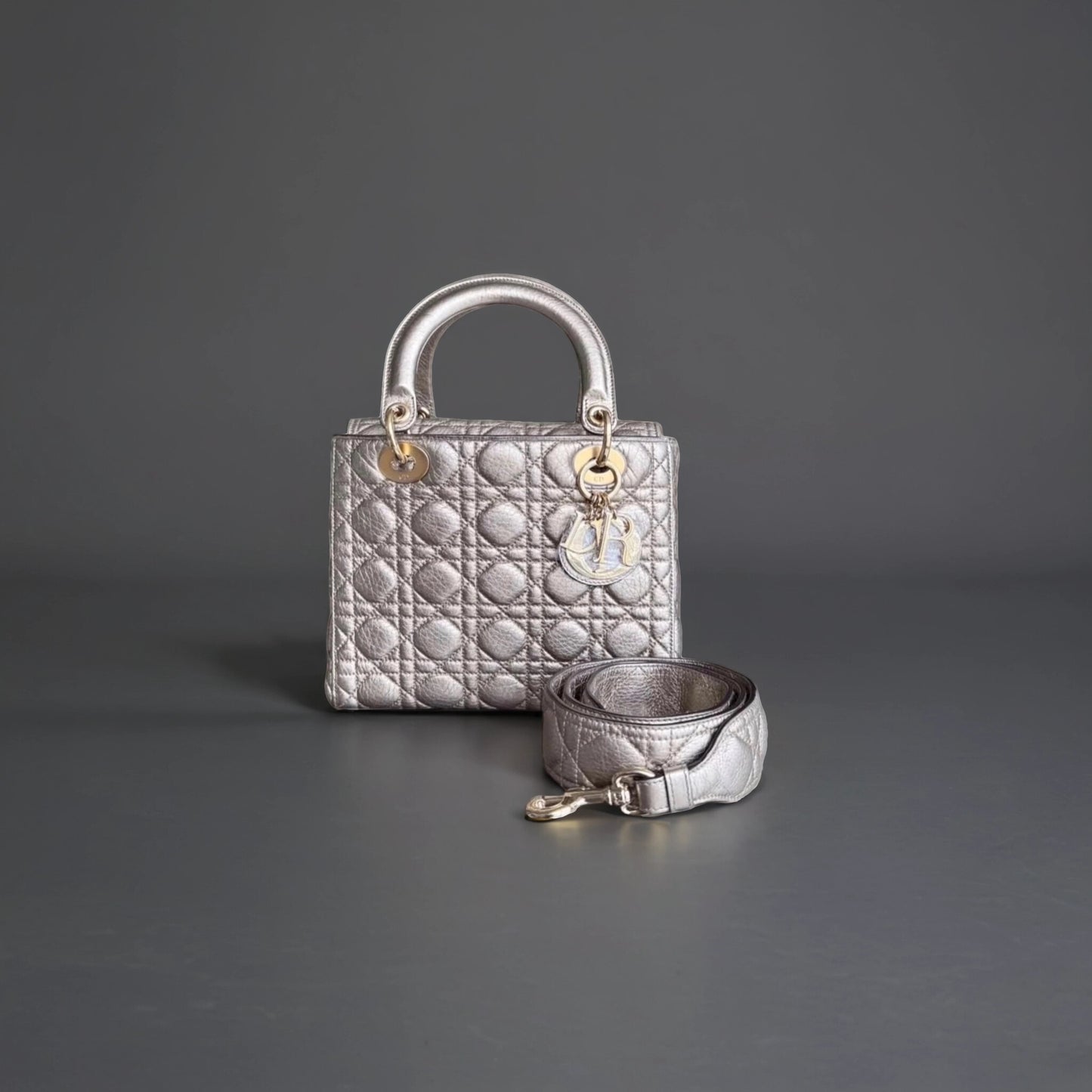Metallic Grained Calfskin Cannage Medium Supple Lady Dior Silver