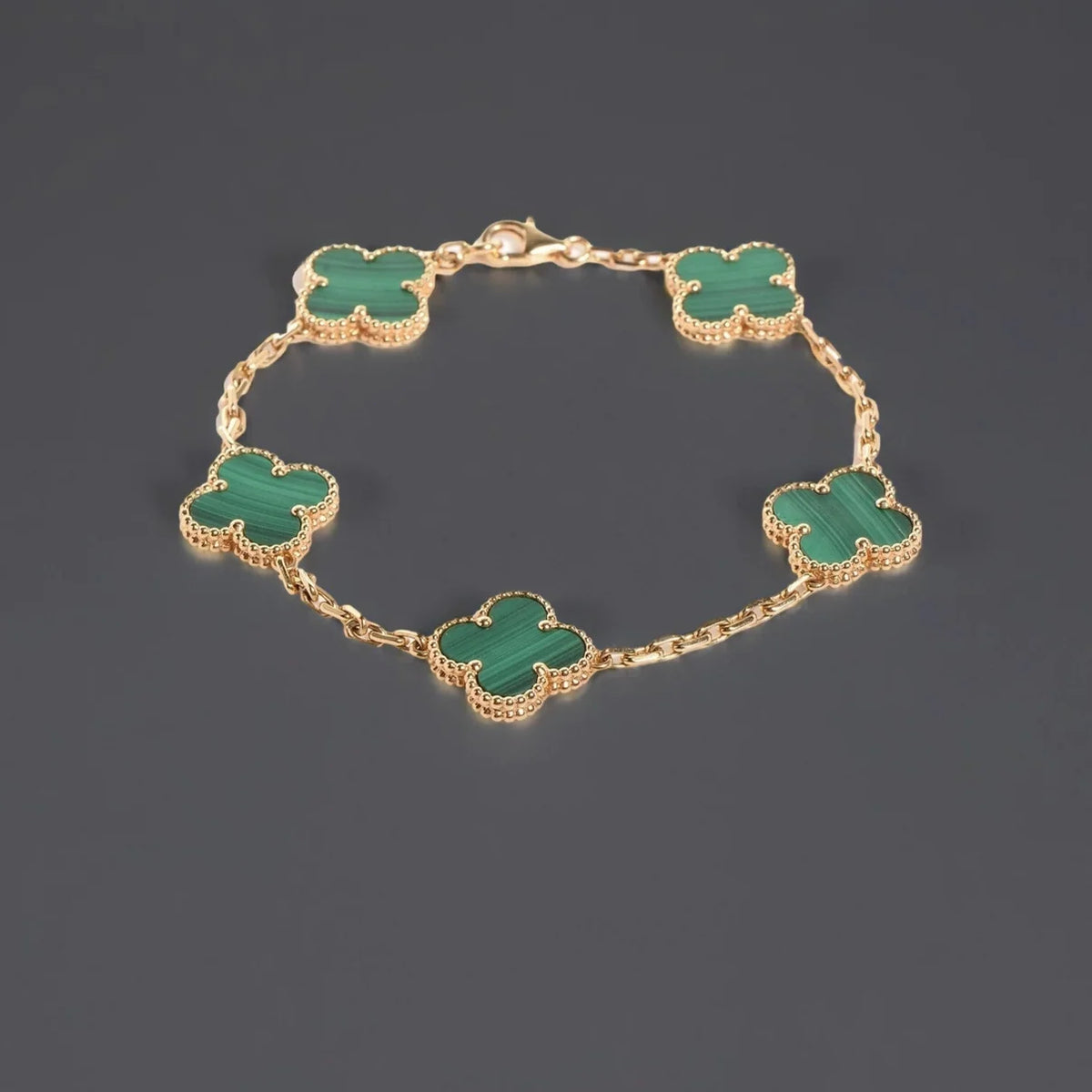 18K Yellow Gold Malachite 5 Motifs Vintage Alhambra Bracelet