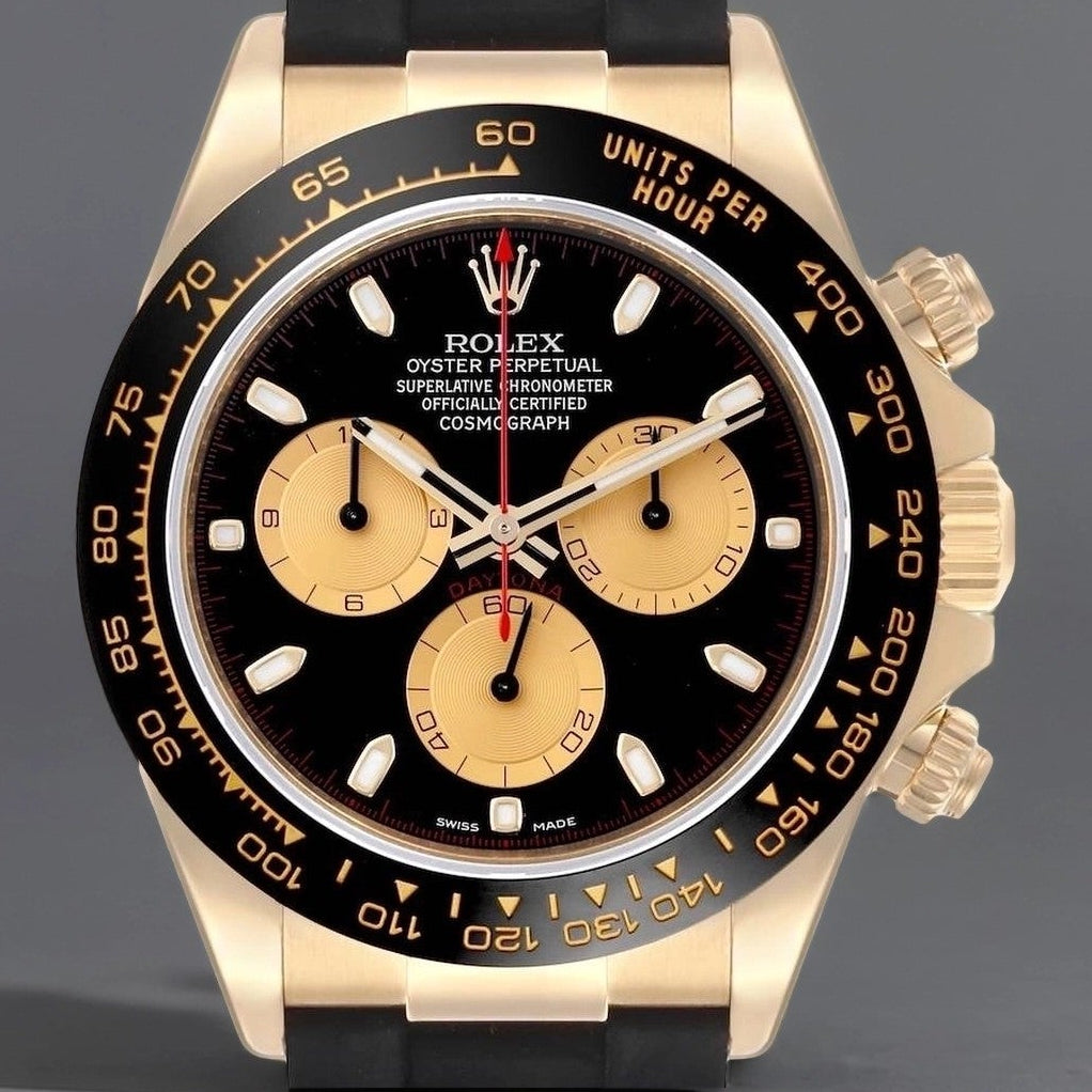Rolex Daytona Yellow Gold Ceramic Bezel Oysterflex Mens Watch