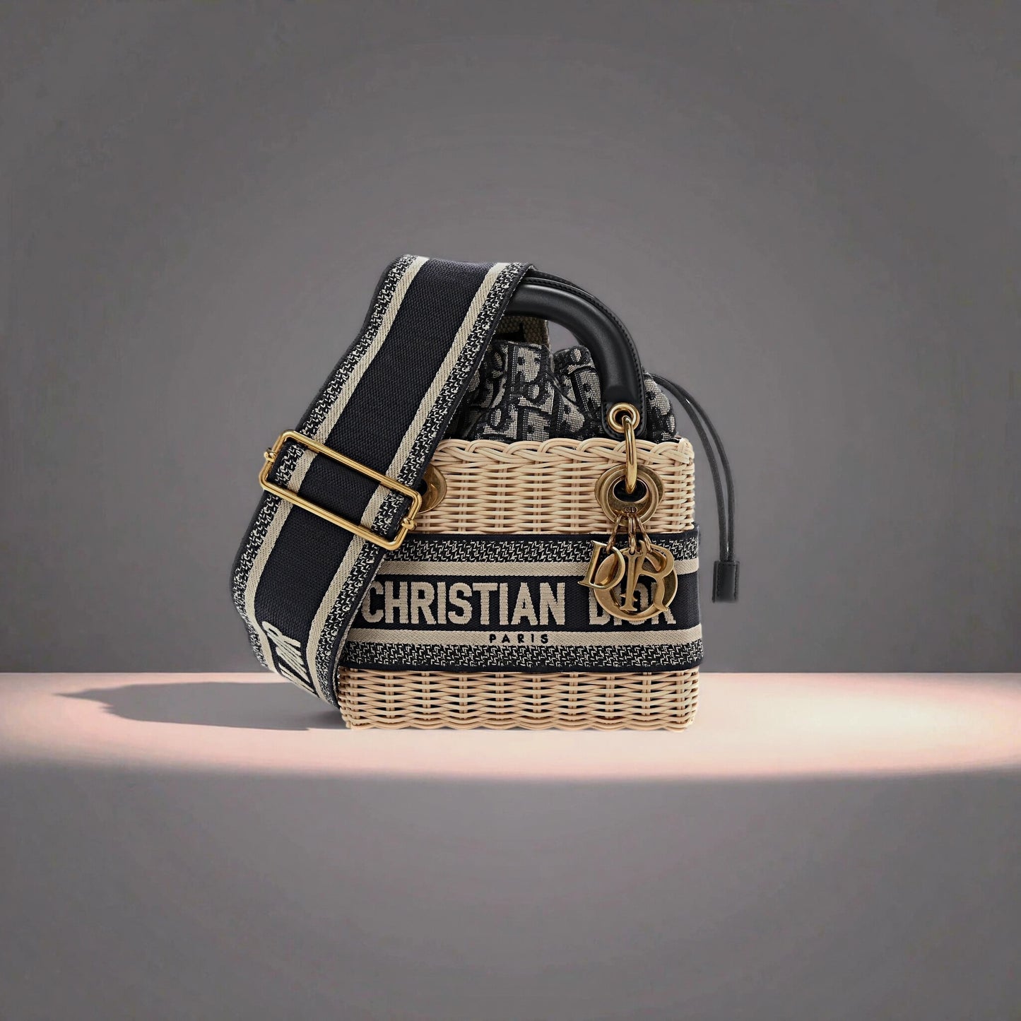Wicker Oblique Mini Lady Dior Bag Blue