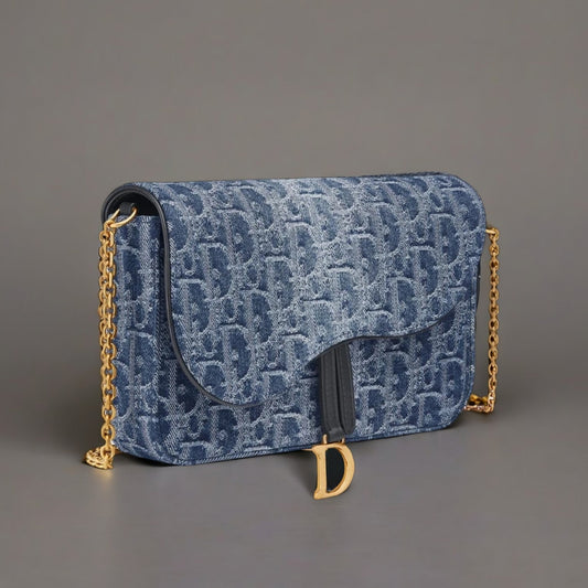 Oblique Saddle Chain Long Wallet Blue Denim