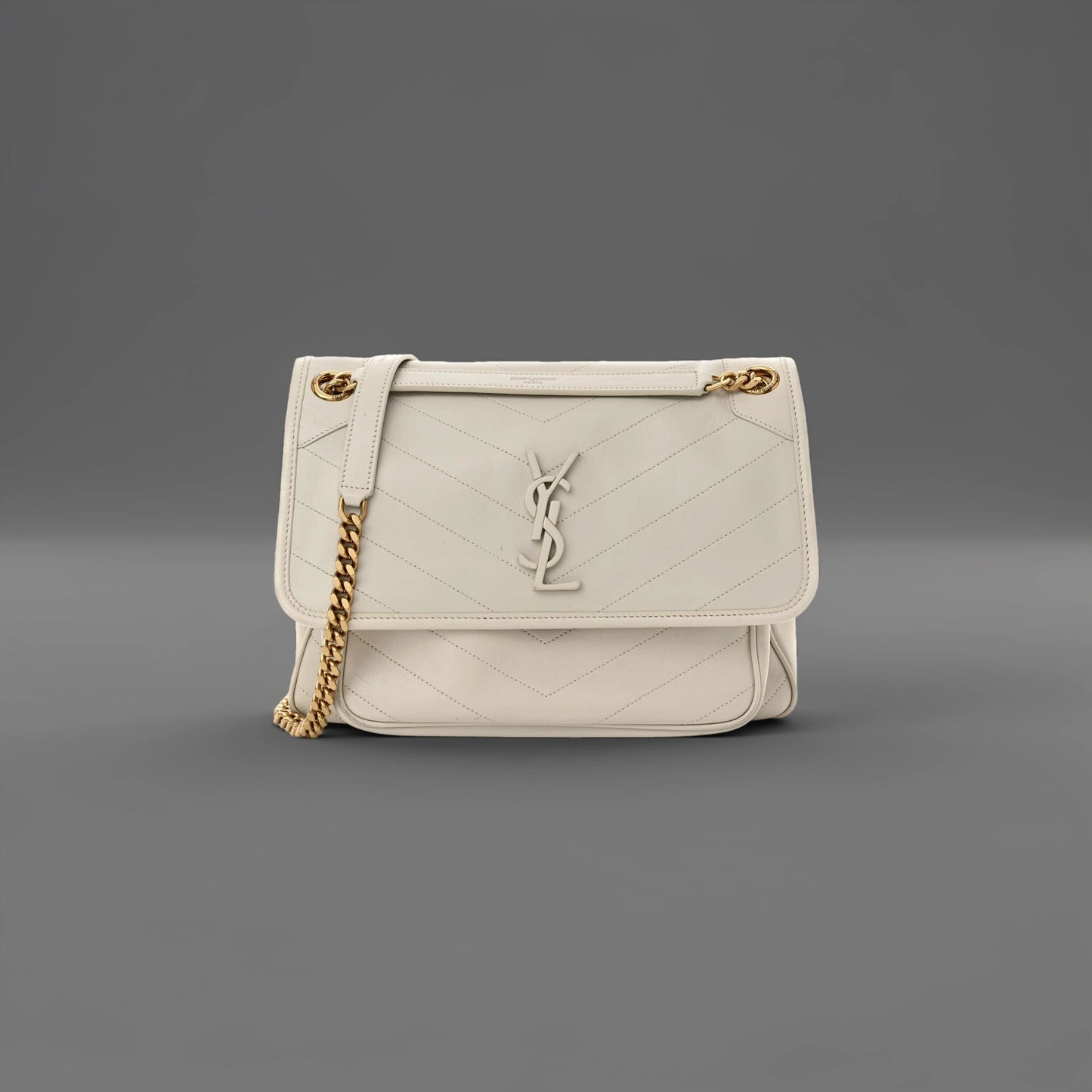 Lambskin Matelasse Monogram Medium Niki Chain Satchel Crema Soft