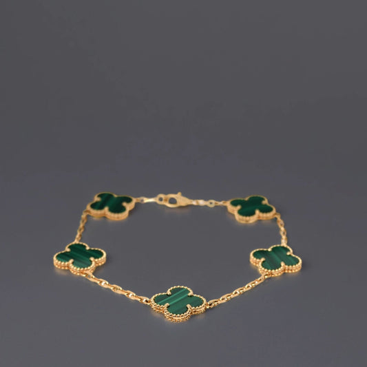 18K Yellow Gold Malachite 5 Motifs Vintage Alhambra Bracelet