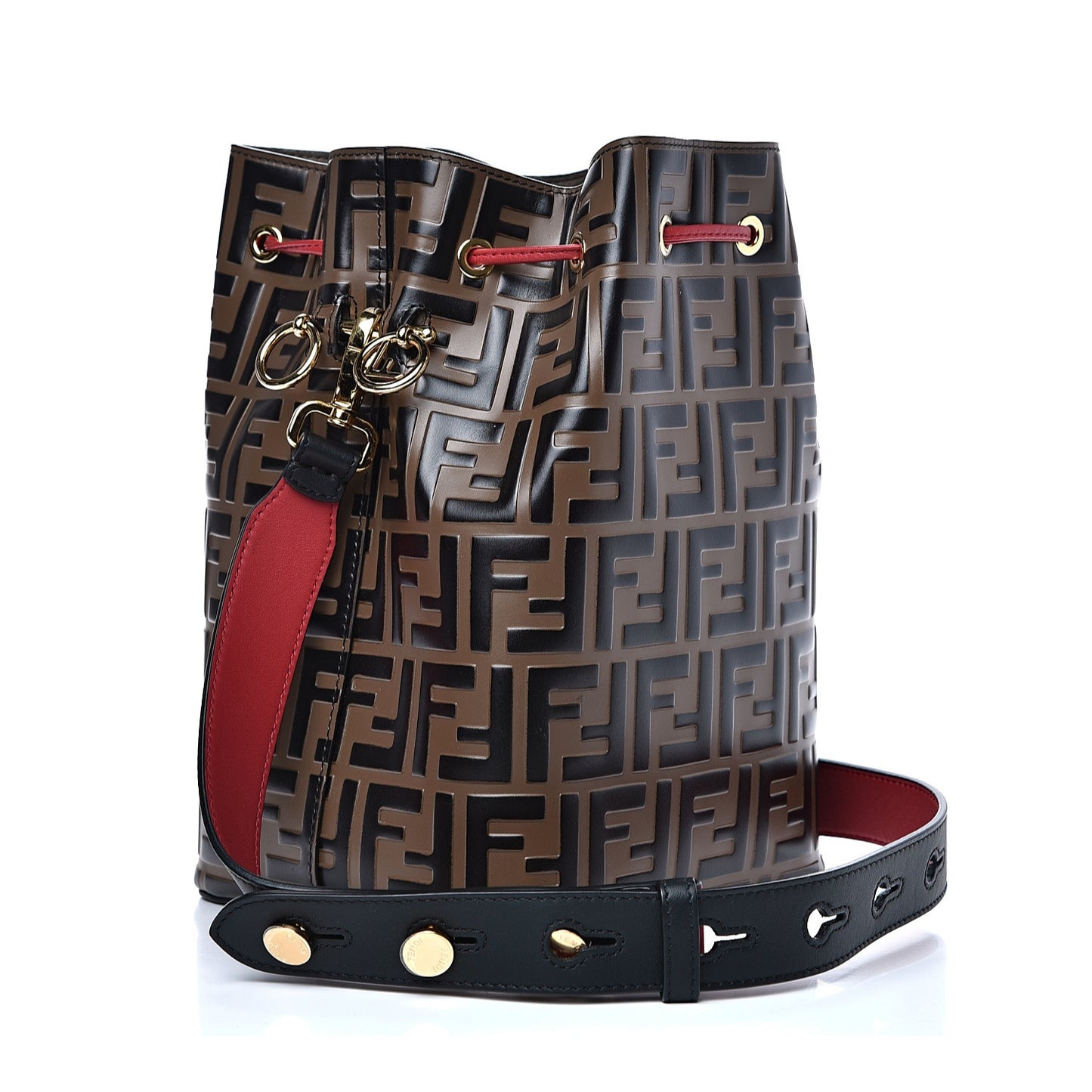 Calfskin F is Fendi FF 1974 Embossed Grande Mon Tresor Bucket Bag Maya Black Fragola